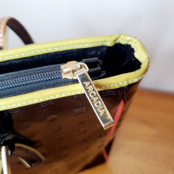 VTG ARCADIA Black Gloss TOTE BAG SHOULDER PURSE PATENT LEATHER Travel Bag - Picture 9 of 12